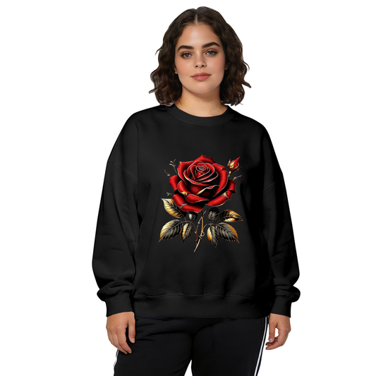 Bold Red Rose With Golden Leaves Crewneck Sweatshirt