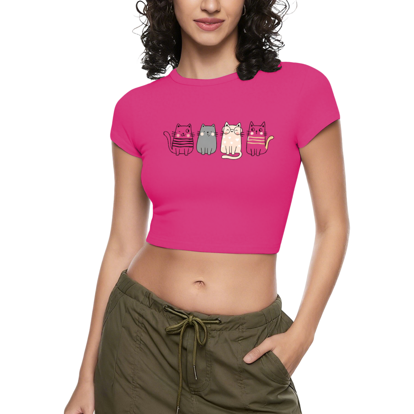 Four Lovely Cartoon Kittens Heather Grey Crop Top ¨C Soft Kawaii Daily Tee 5.