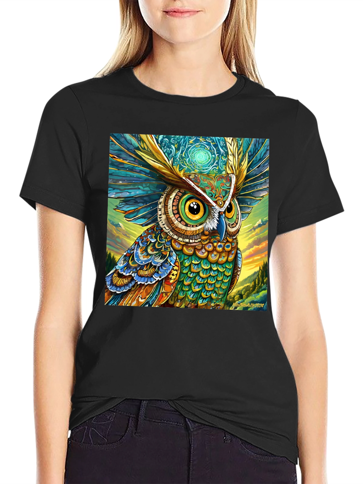 Owl Art Print Black Tee