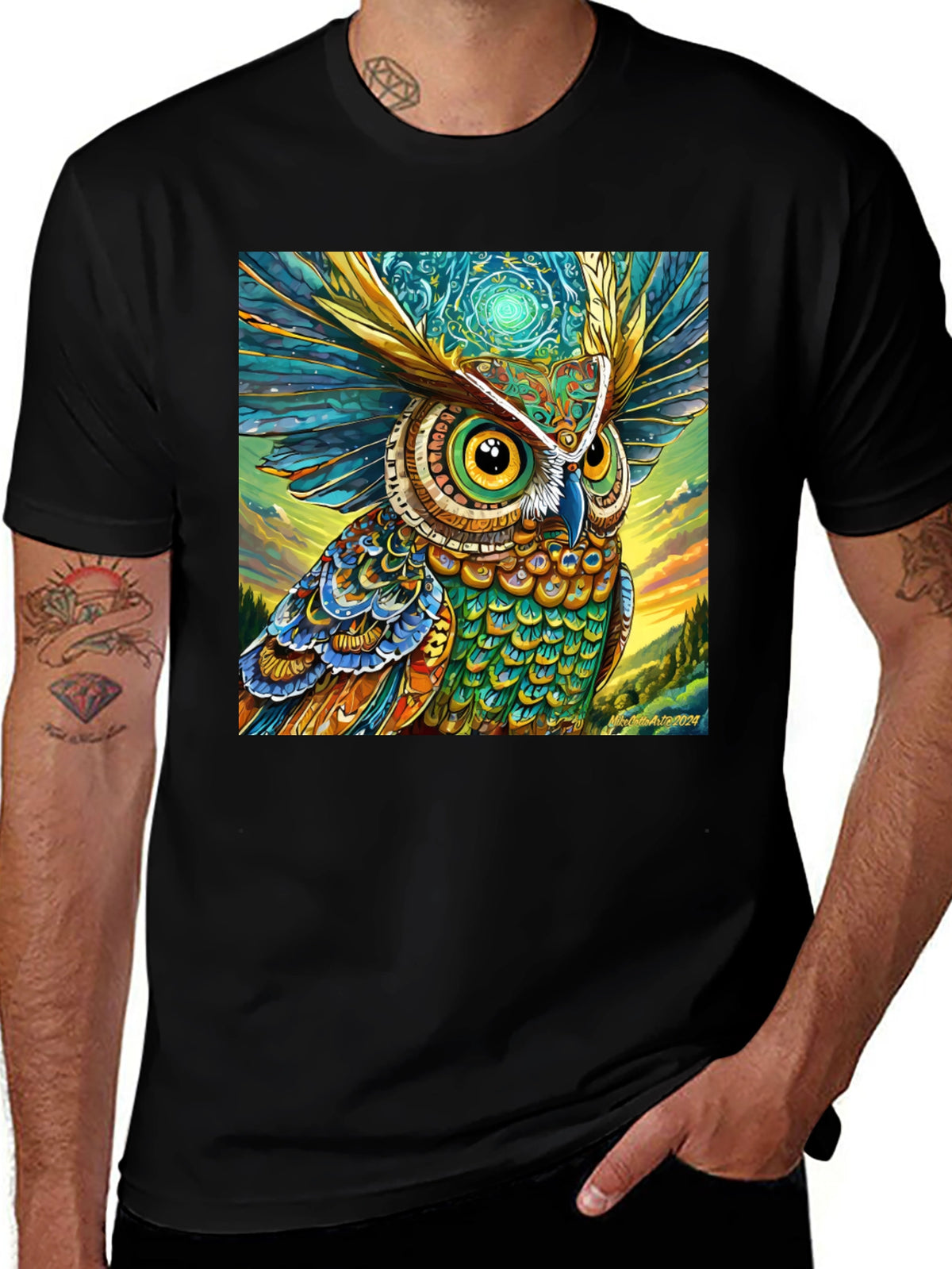 Owl Art Print Black Tee