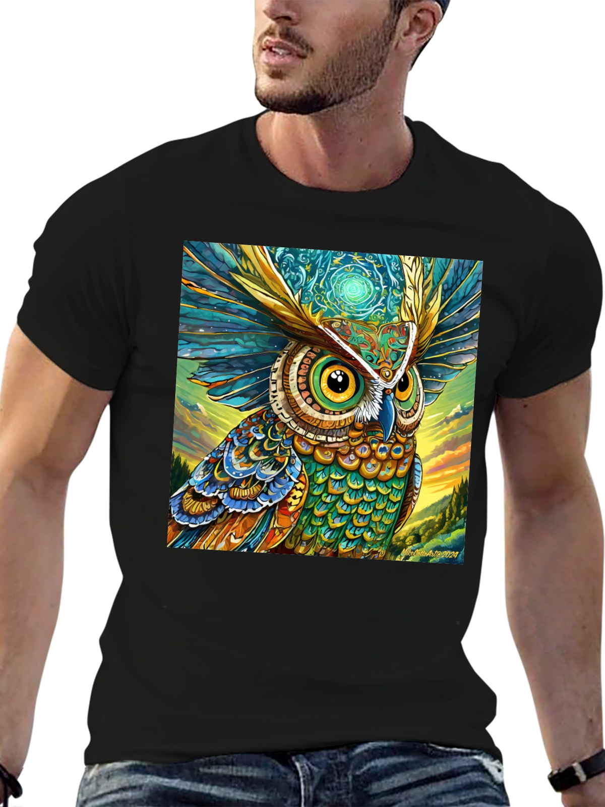 Owl Art Print Black Tee