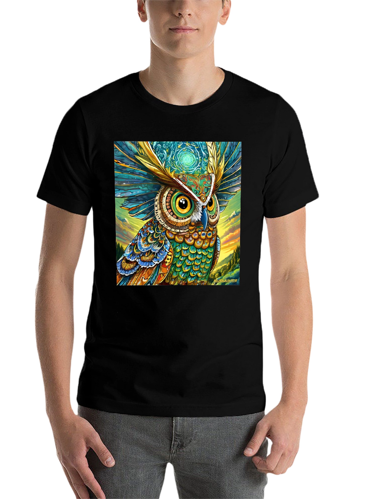 Owl Art Print Black Tee