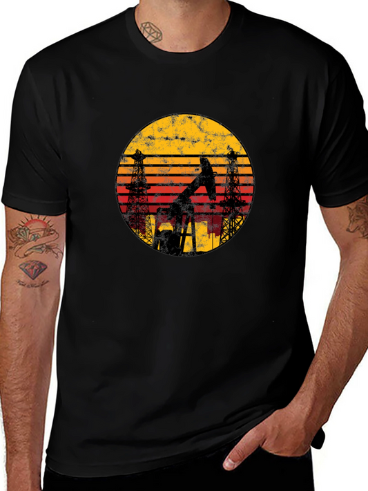 Vintage Oil Rig Sunset Graphic Tee - Black Cotton