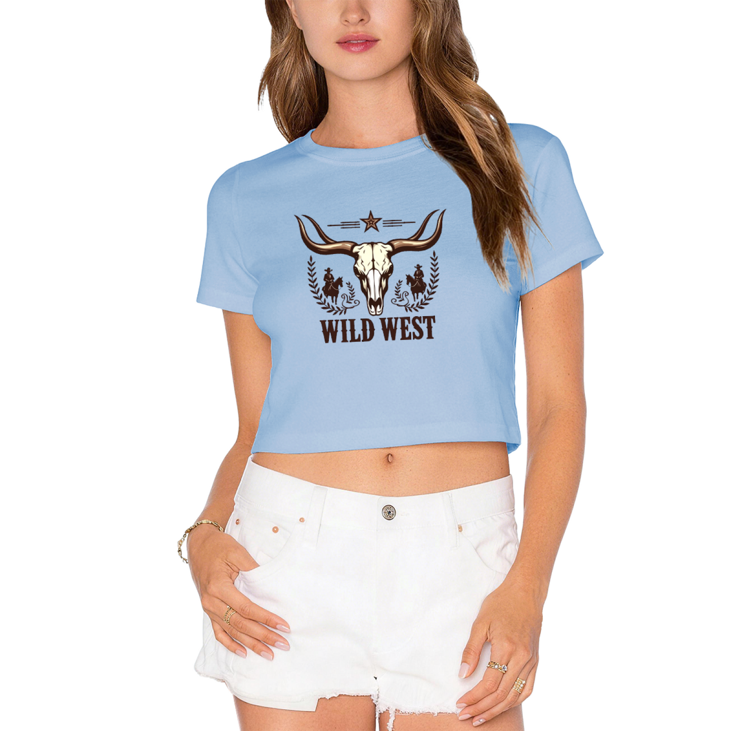 Wild West Longhorn Cowboy Western Retro Gray Crop Tee