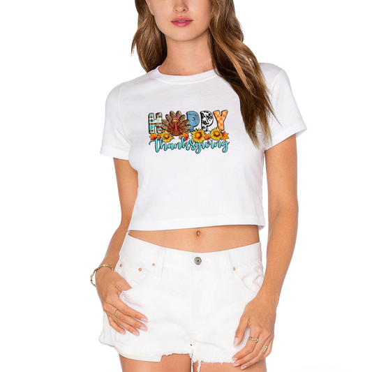 Happy Thanksgiving Colorful Pattern Letter Turkey Sunflower Crop Top