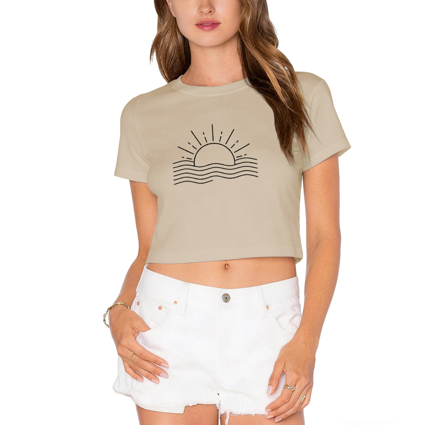 Minimal Sunset Ocean Wave Line Art Pink Crop Top
