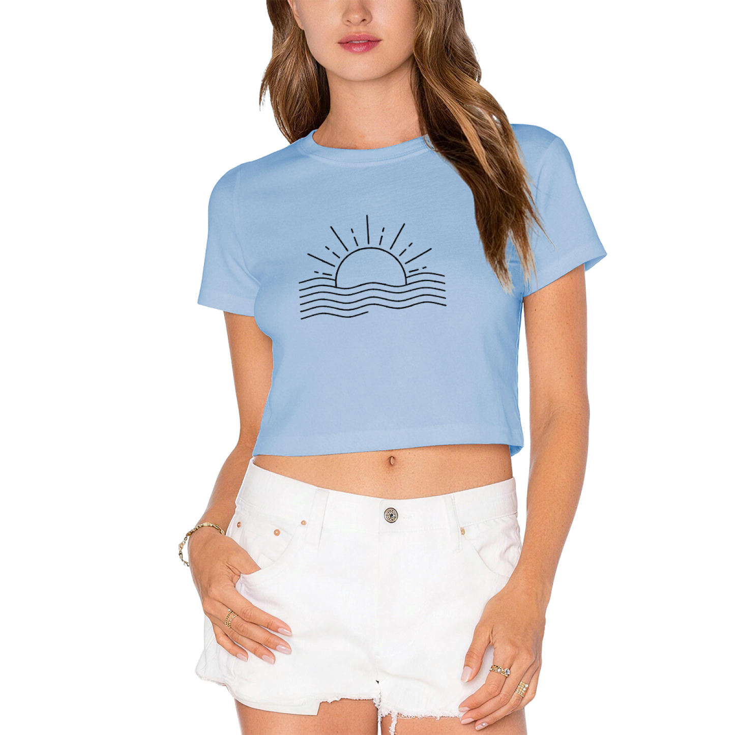 Minimal Sunset Ocean Wave Line Art Pink Crop Top