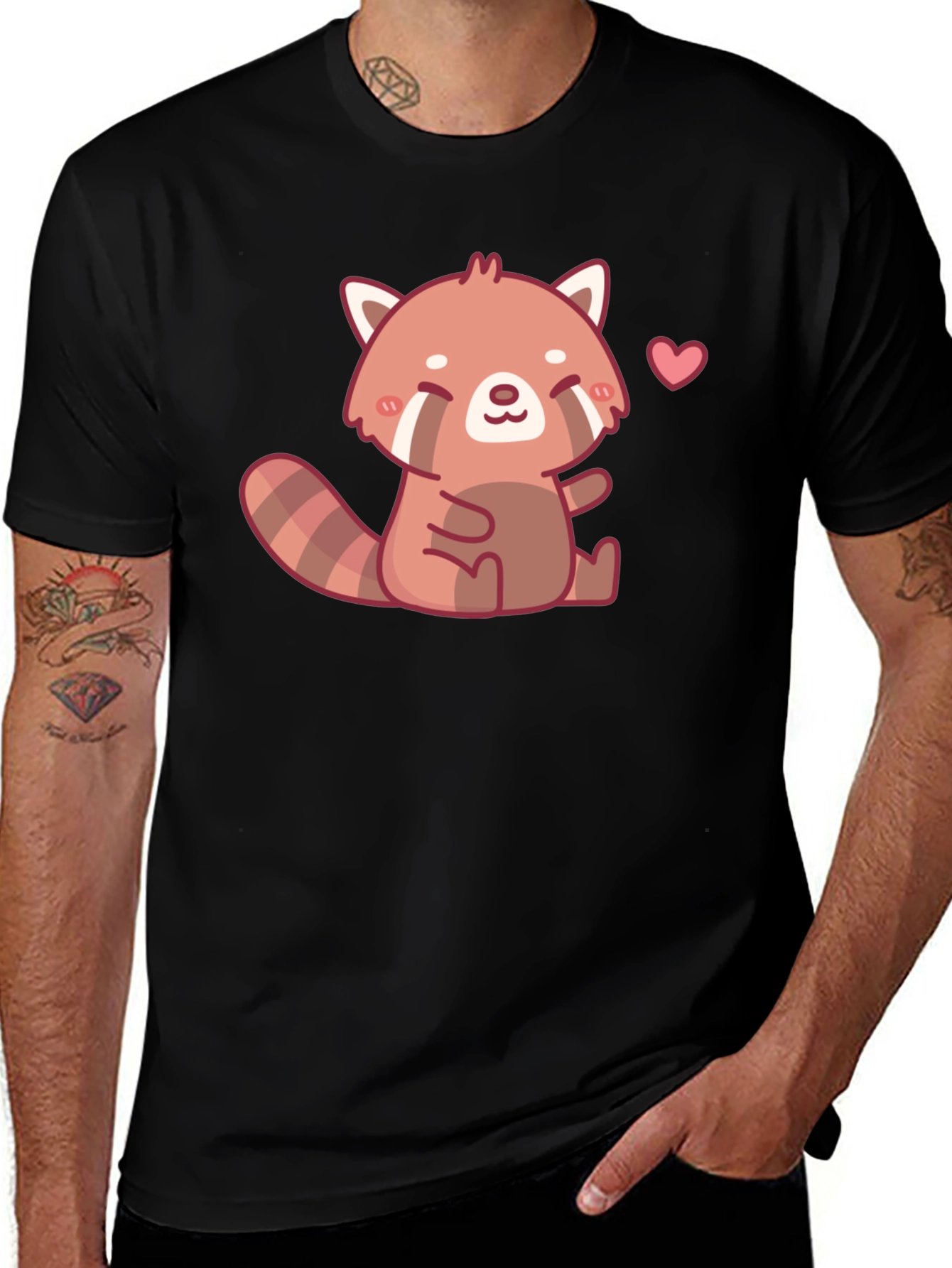 Cute Red Panda Heart Black T-Shirt