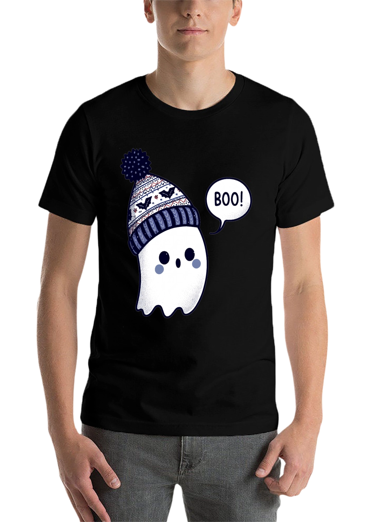 Cute Ghost in Beanie T-Shirt - Halloween Style