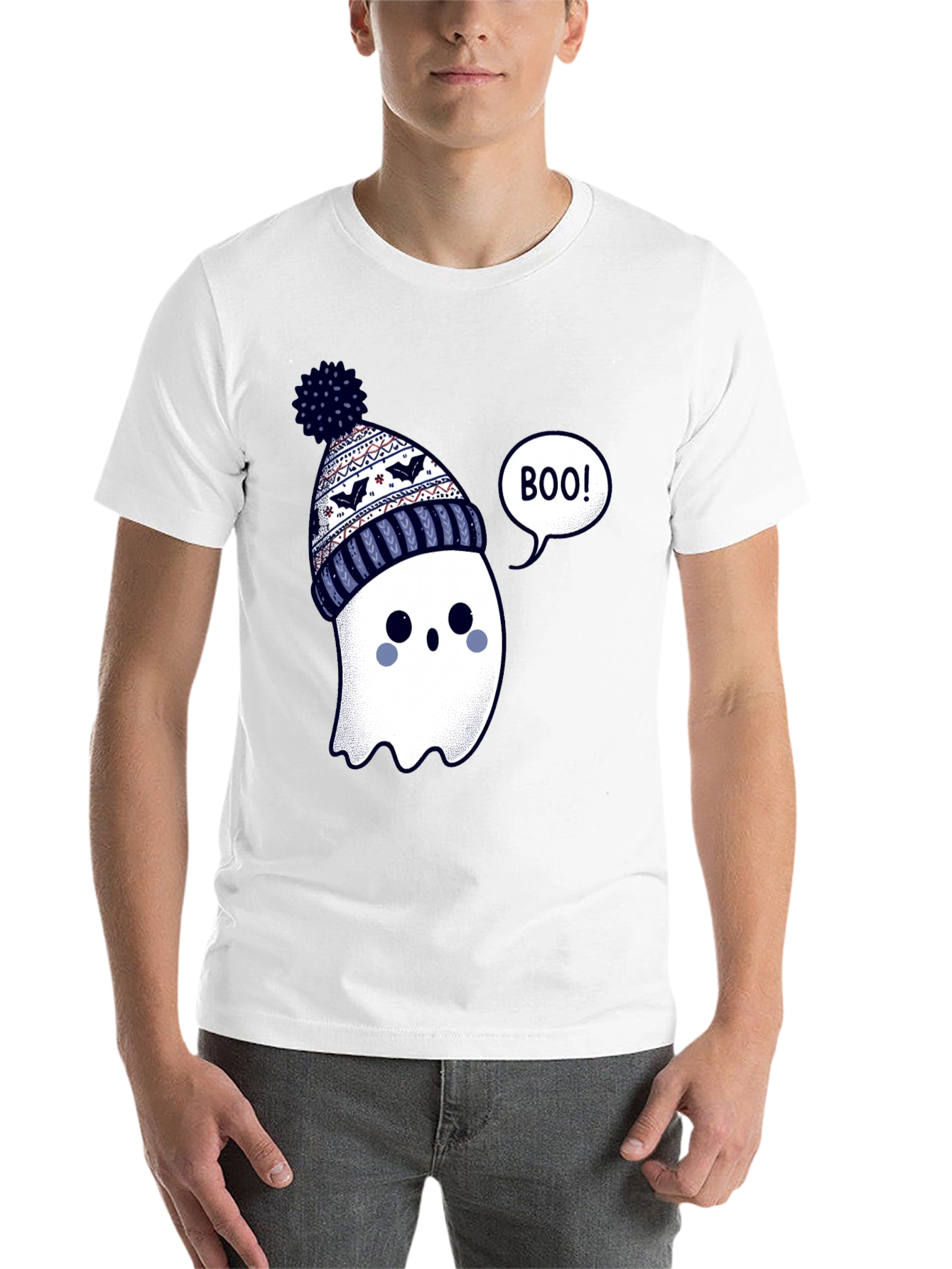 Cute Ghost in Beanie T-Shirt - Halloween Style