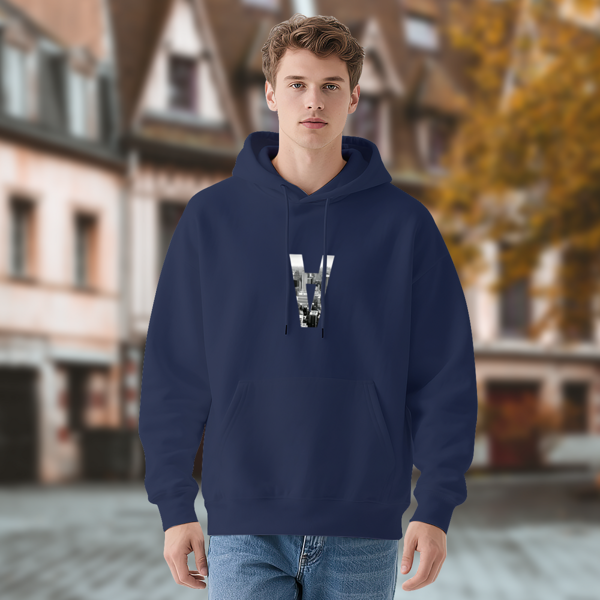 Urban City View Letter V Fashion Navy Hoodie