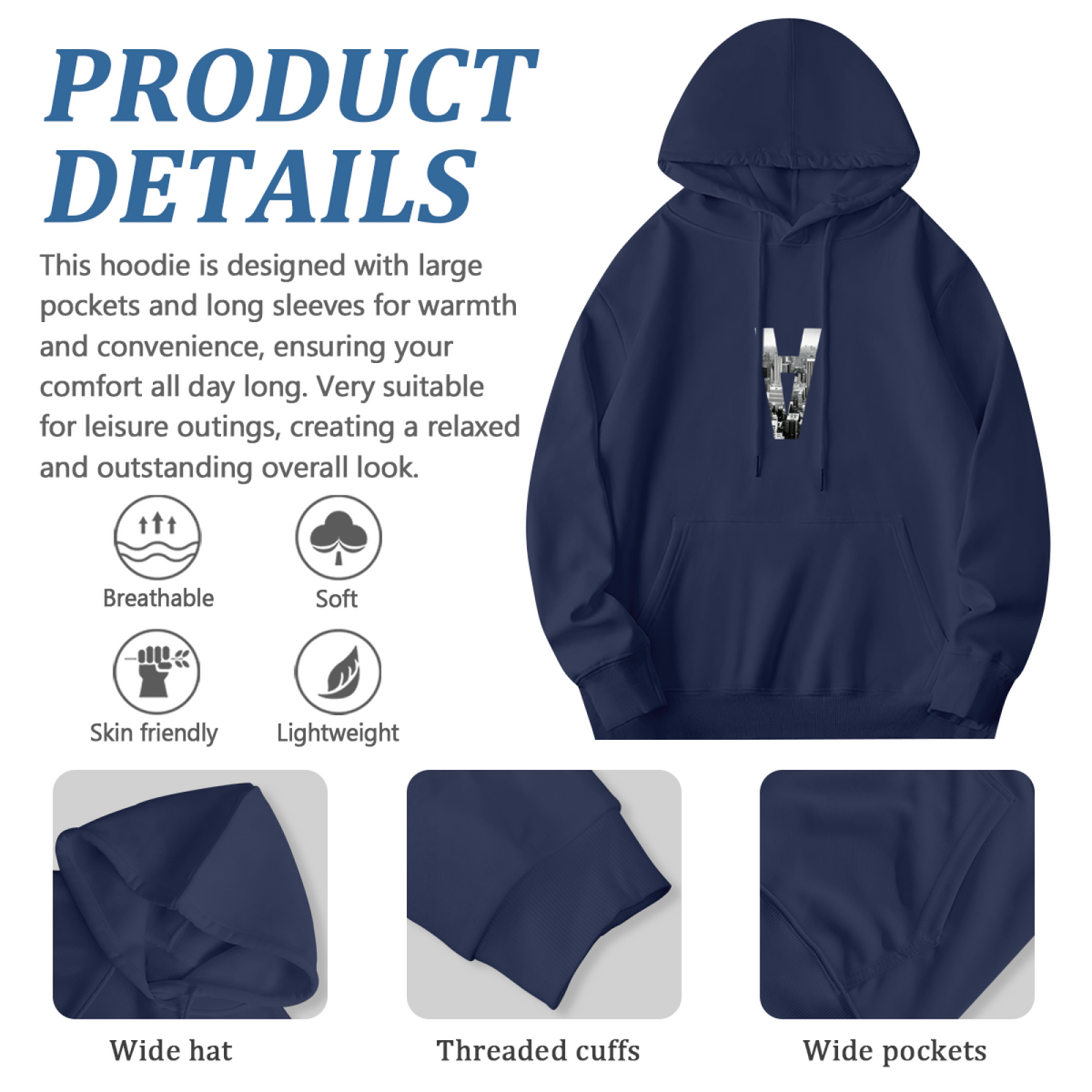 Urban City View Letter V Fashion Navy Hoodie