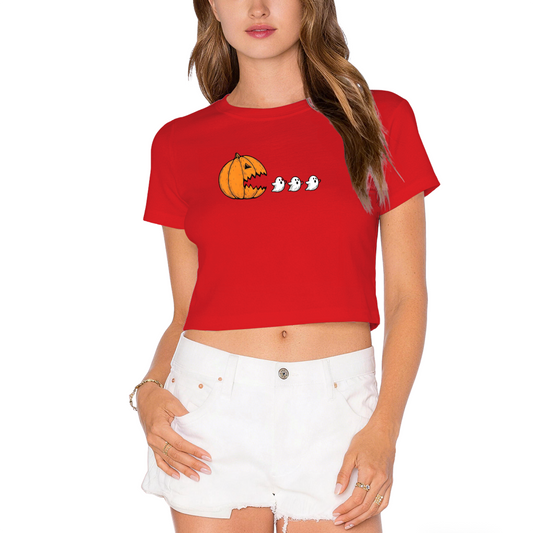Funny Pumpkin Chasing Ghosts Halloween Crop Top