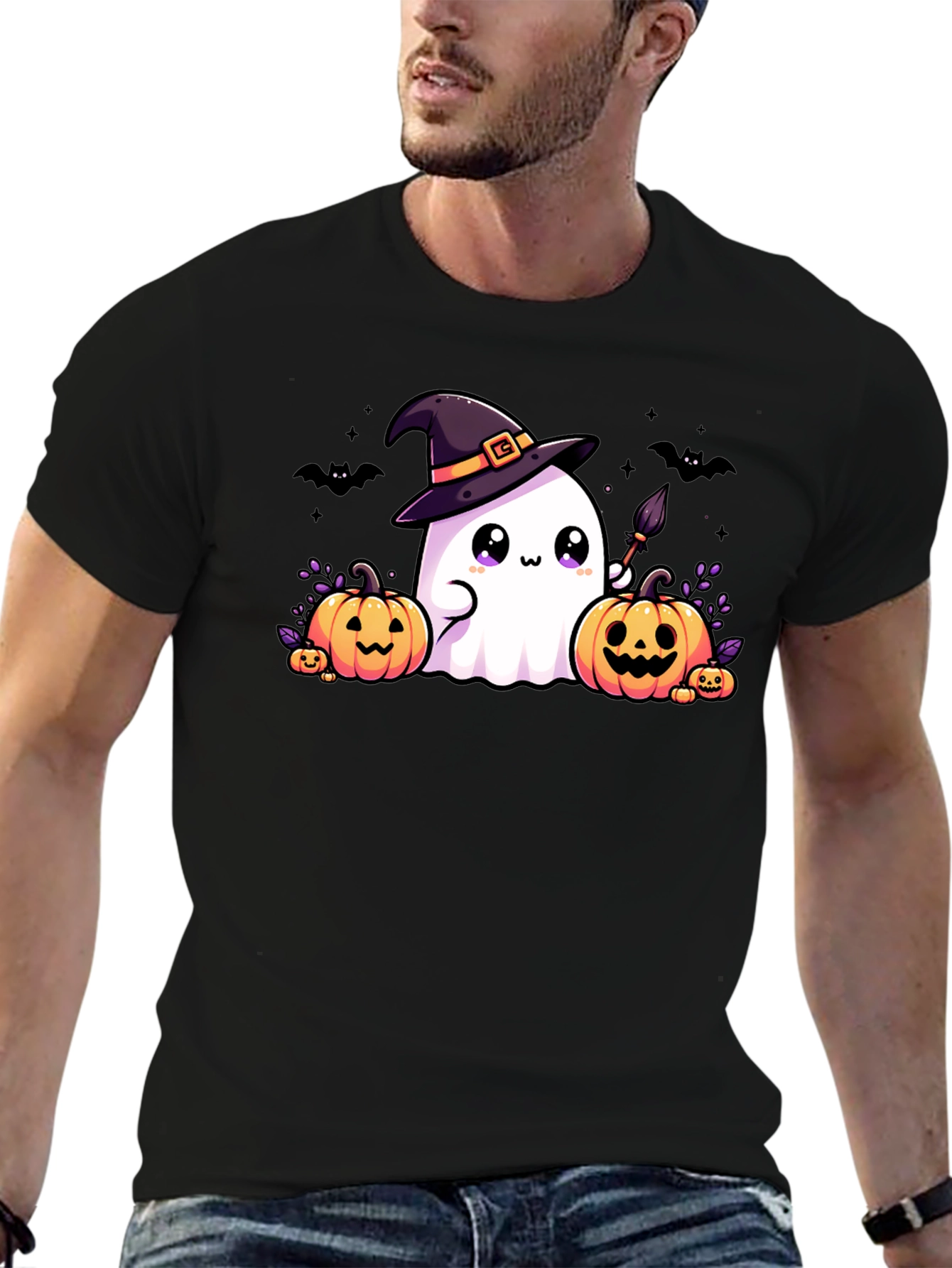 Halloween Ghost & Pumpkins Black T-Shirt
