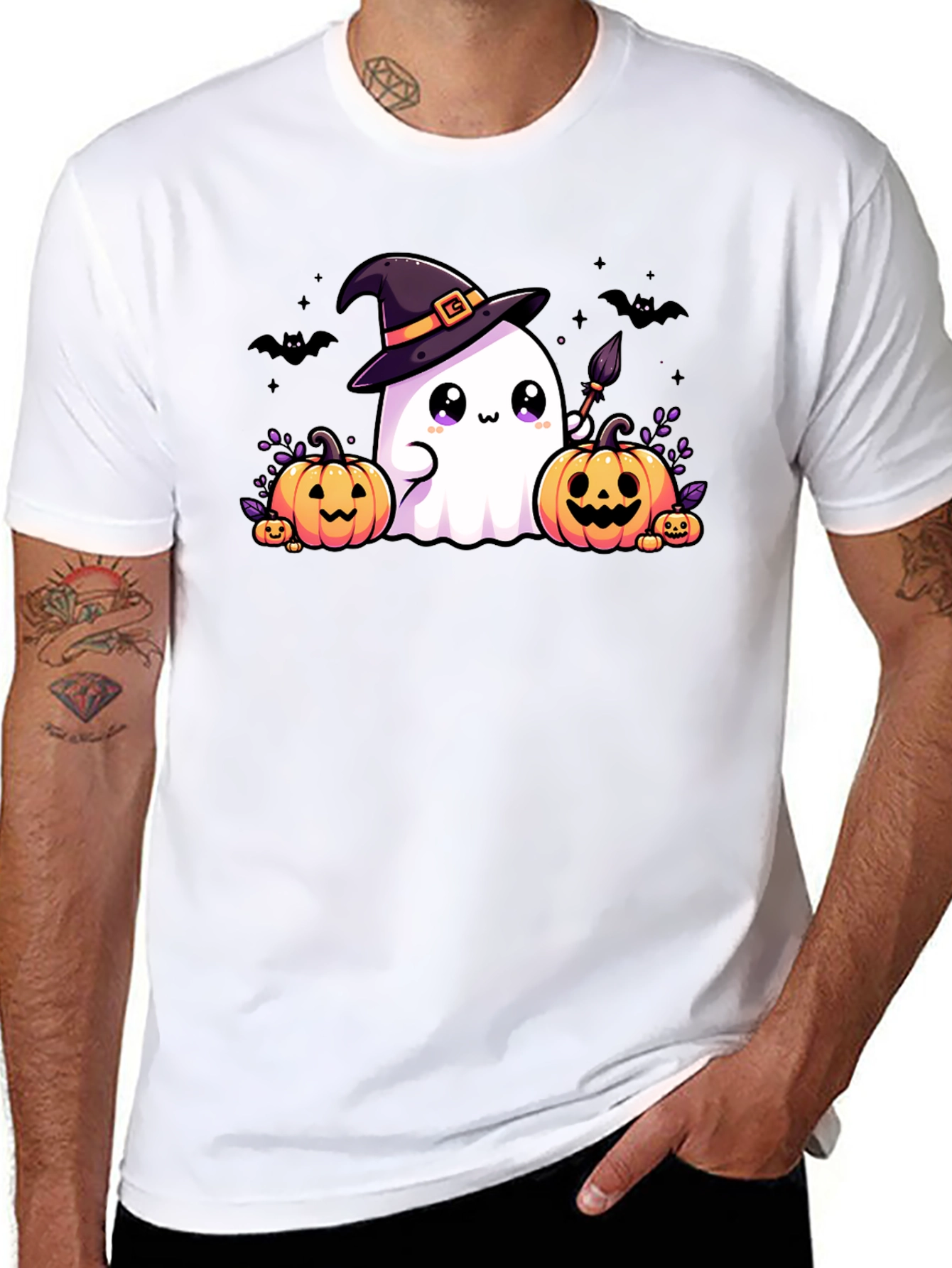 Halloween Ghost & Pumpkins Black T-Shirt