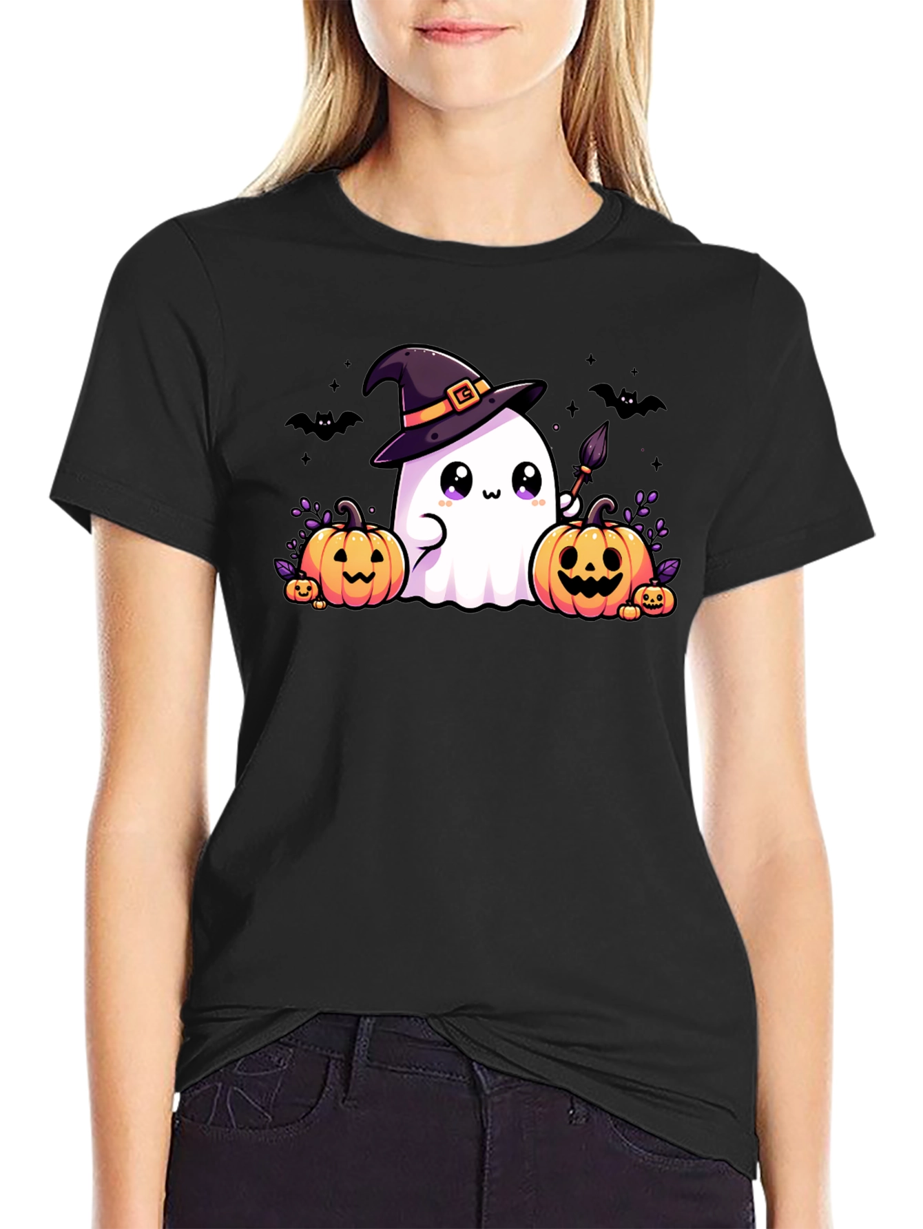 Halloween Ghost & Pumpkins Black T-Shirt