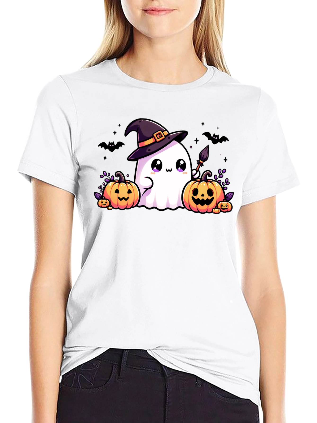 Halloween Ghost & Pumpkins Black T-Shirt