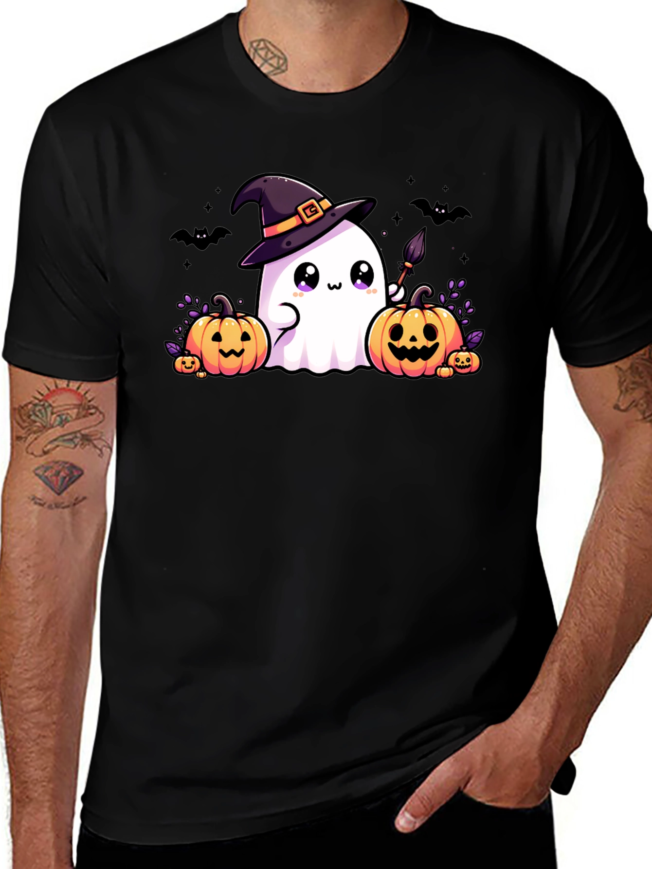 Halloween Ghost & Pumpkins Black T-Shirt