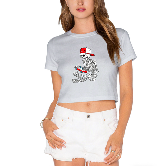 Gamer Skeleton Retro Halloween Fun Crop Top