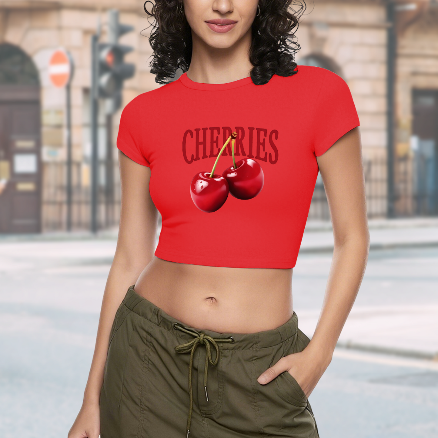 Juicy CHERRIES Fruit Print Vibrant Red Crop Top