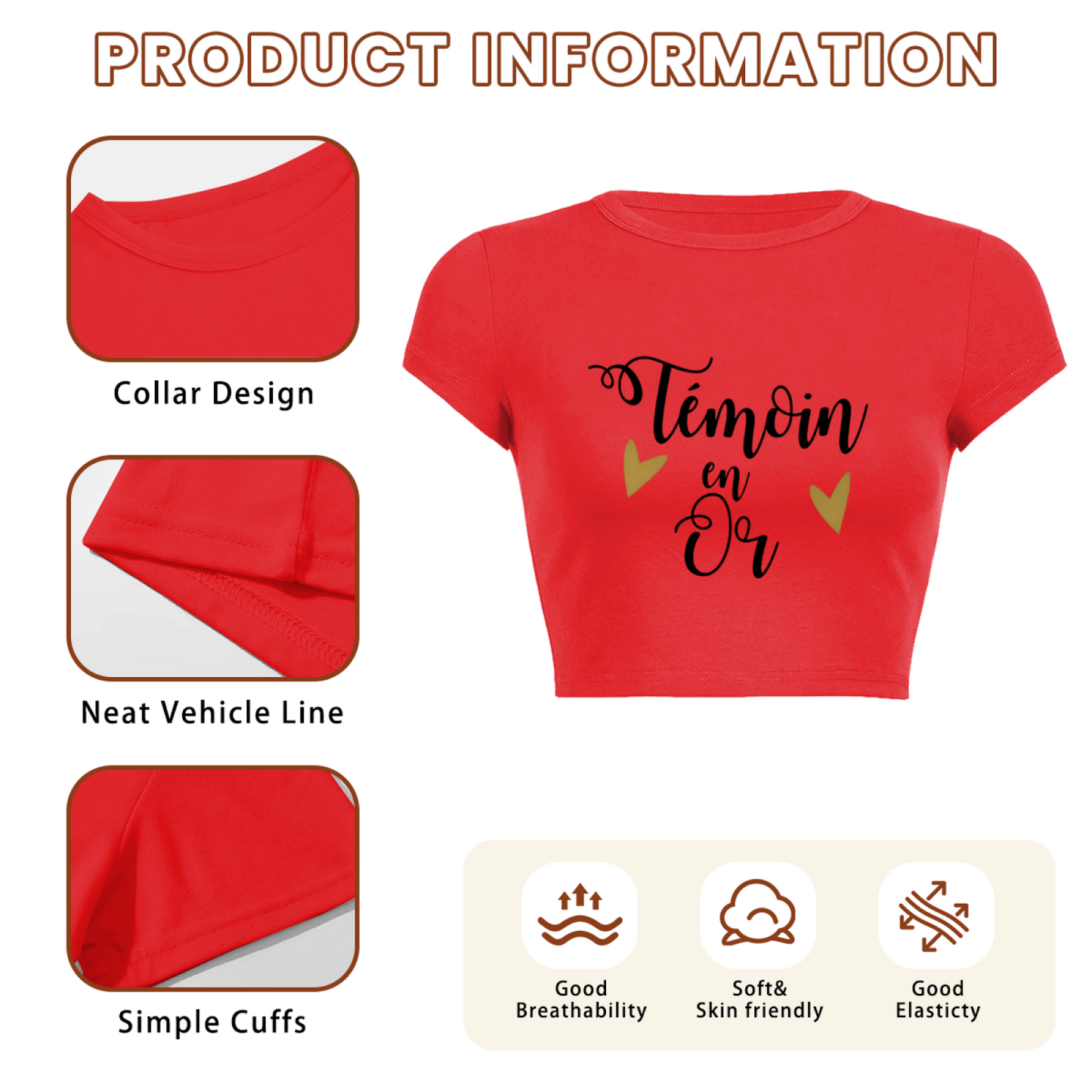 T¨¦moin en Or Gold Heart Bridesmaid Red Crop Tee
