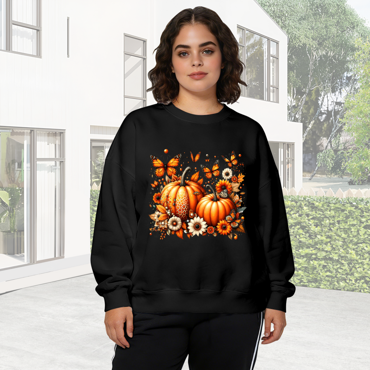Pumpkin & Monarch Butterflies Fall Garden Crewneck Sweatshirt