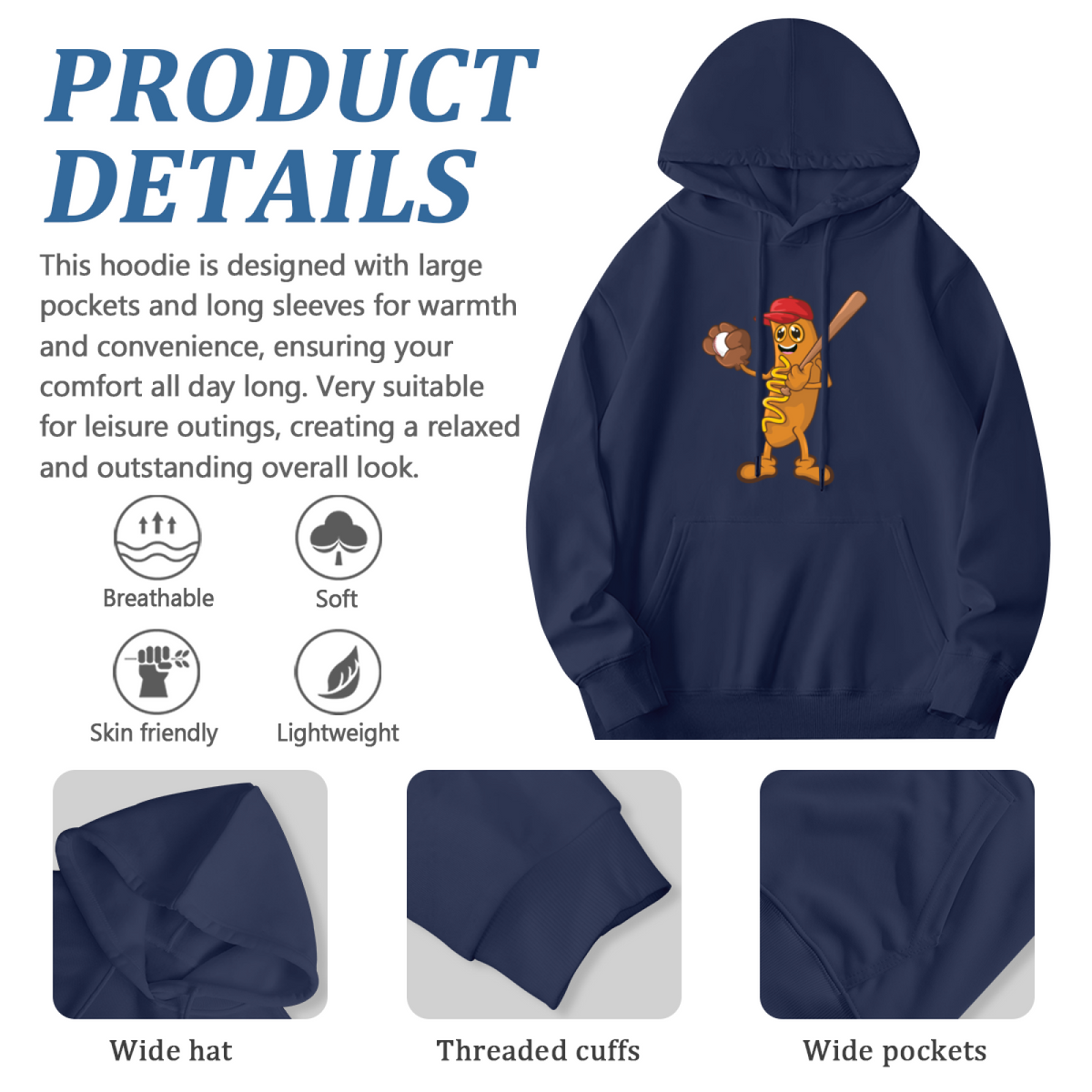 Funny Hot Dog Baseball Player Cartoon Graphic Hoodie - Humor Sports Pullover