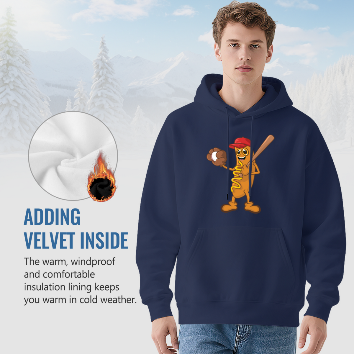 Funny Hot Dog Baseball Player Cartoon Graphic Hoodie - Humor Sports Pullover