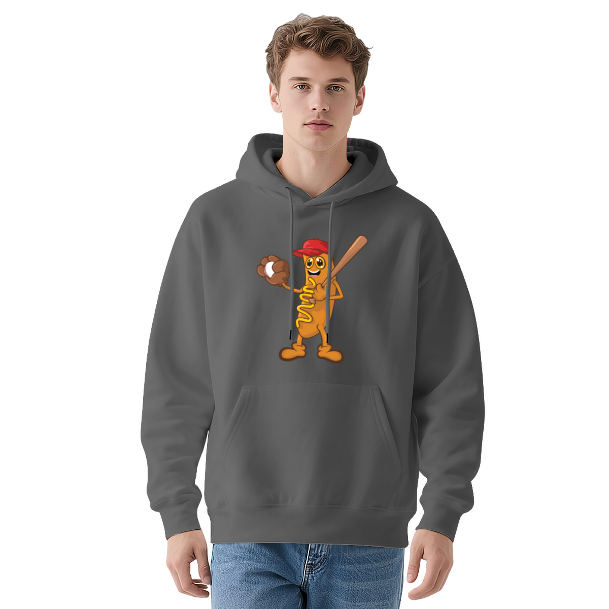 Funny Hot Dog Baseball Player Cartoon Graphic Hoodie - Humor Sports Pullover