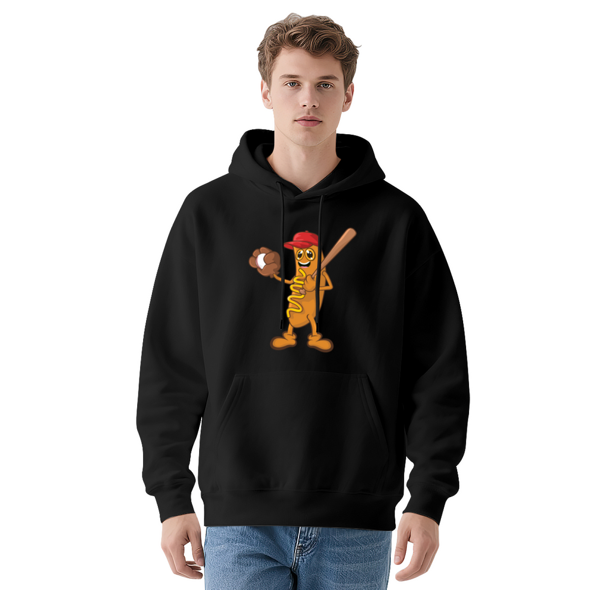 Funny Hot Dog Baseball Player Cartoon Graphic Hoodie - Humor Sports Pullover