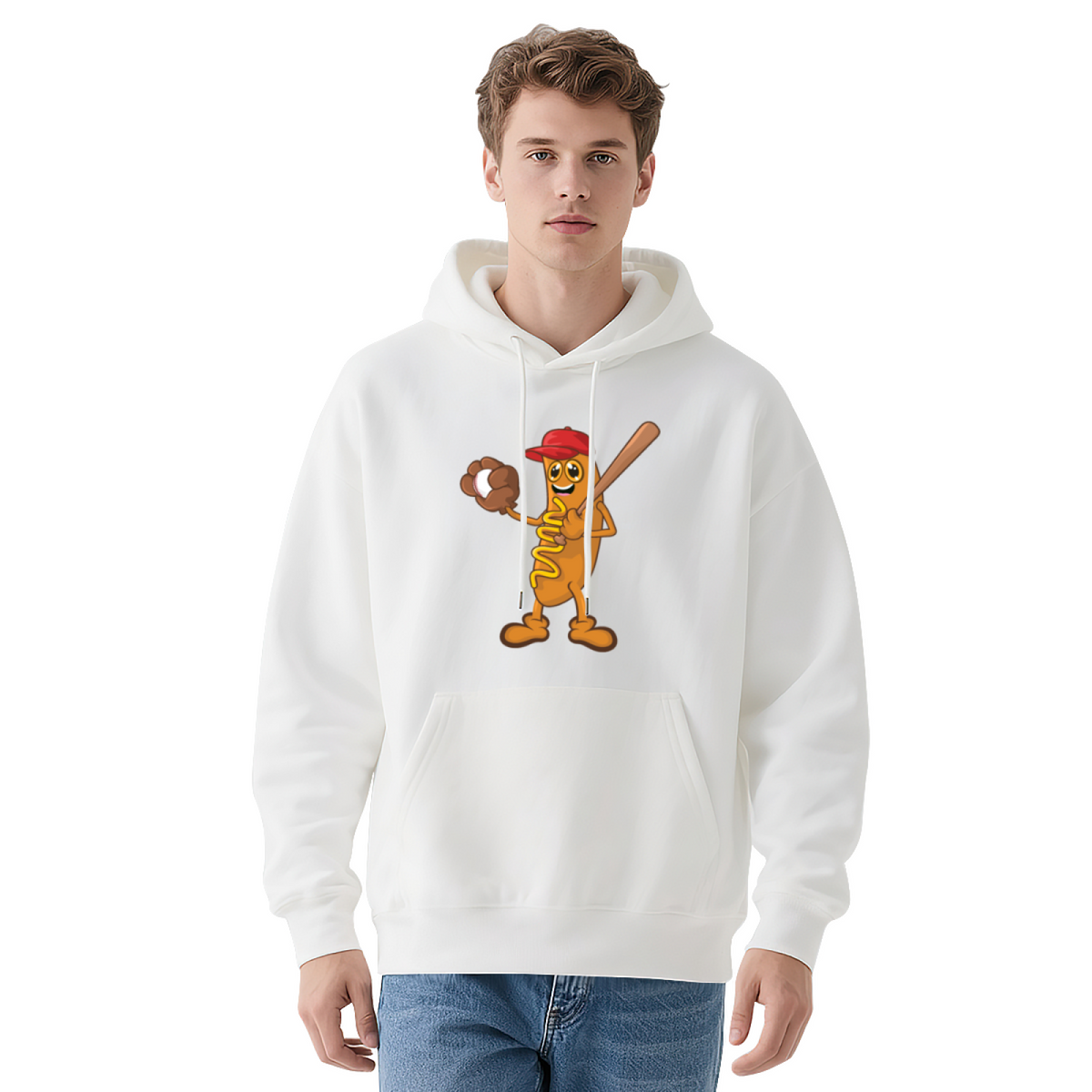 Funny Hot Dog Baseball Player Cartoon Graphic Hoodie - Humor Sports Pullover