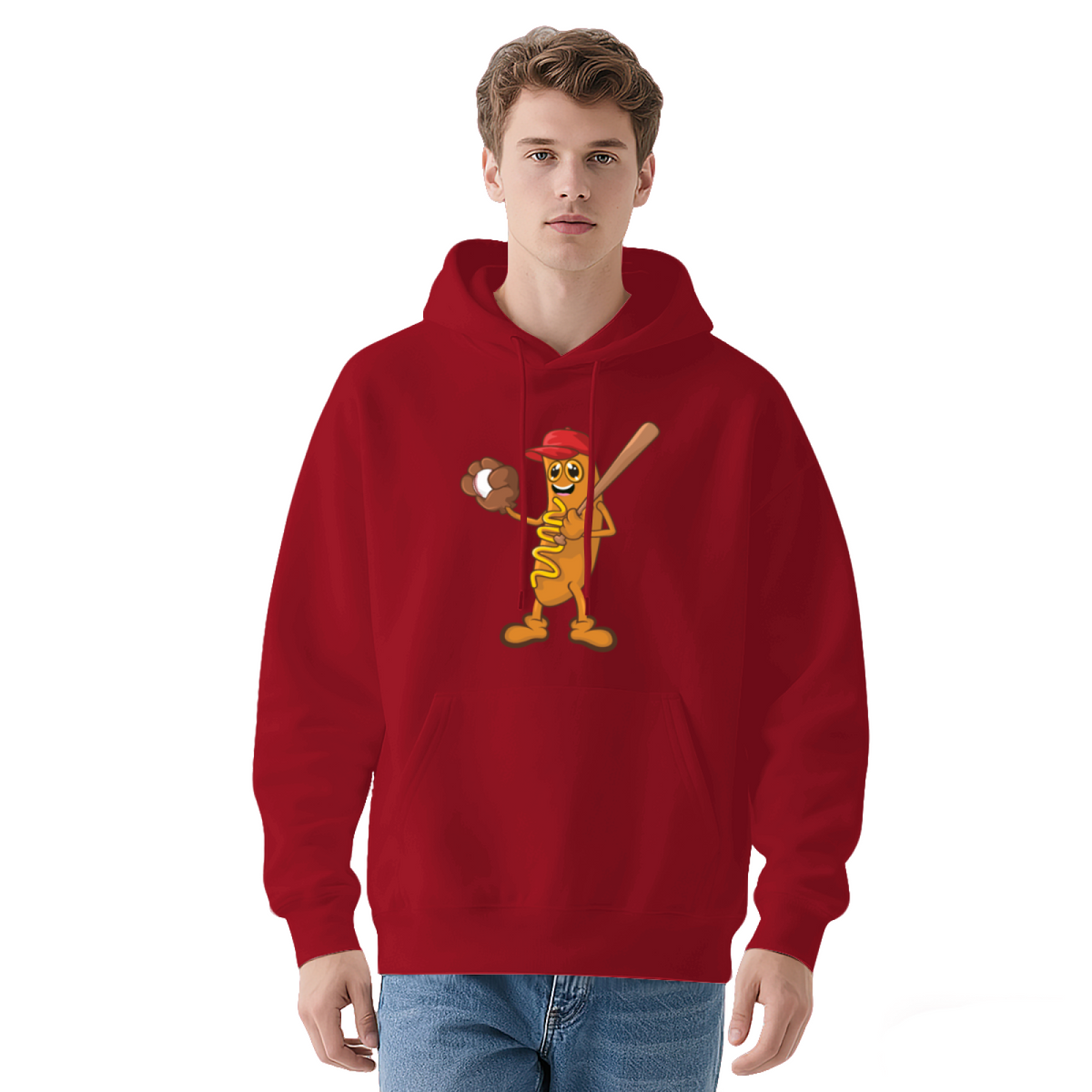 Funny Hot Dog Baseball Player Cartoon Graphic Hoodie - Humor Sports Pullover