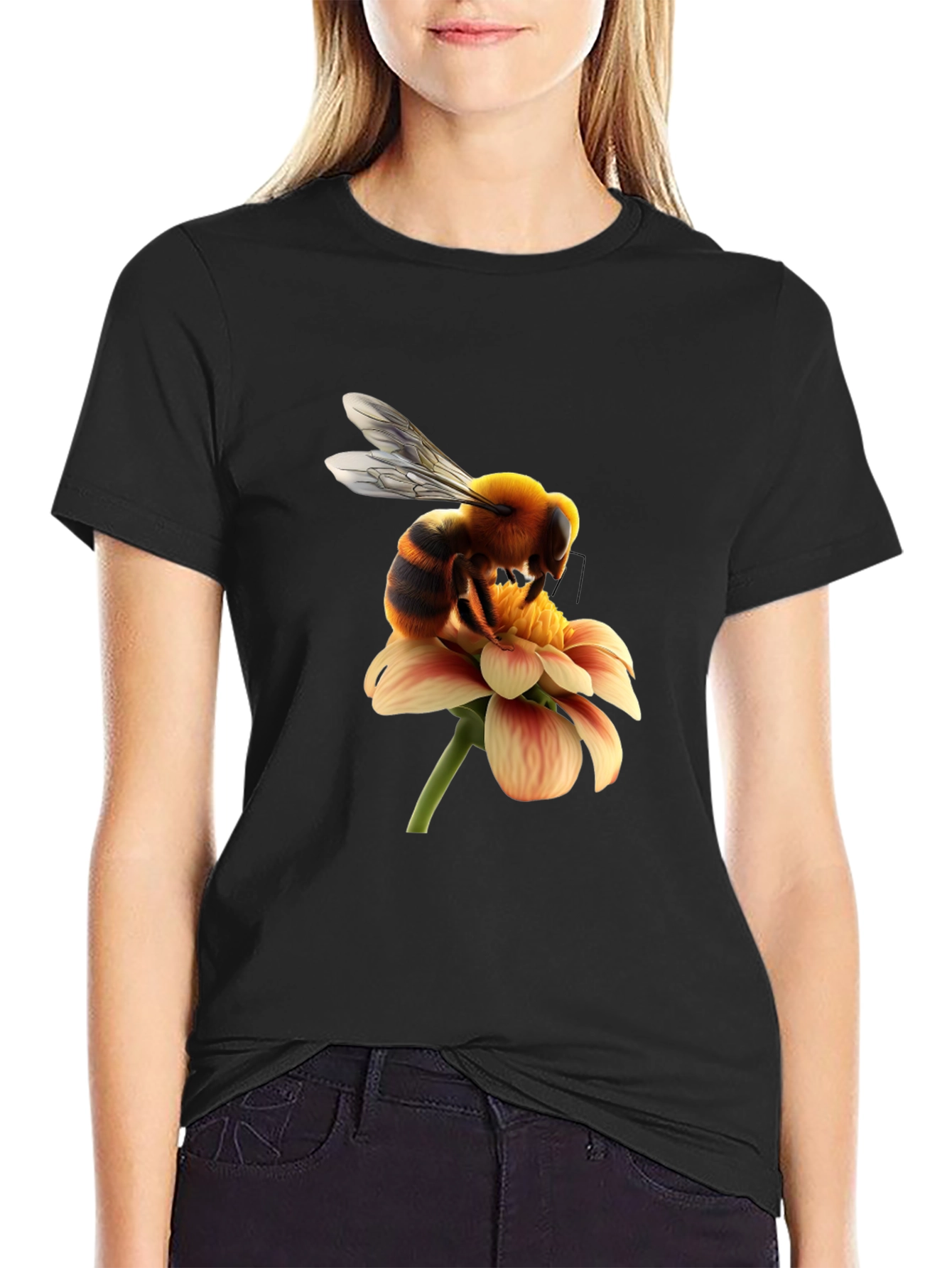 Bee on Flower Graphic Tee - Black Cotton T-Shirt