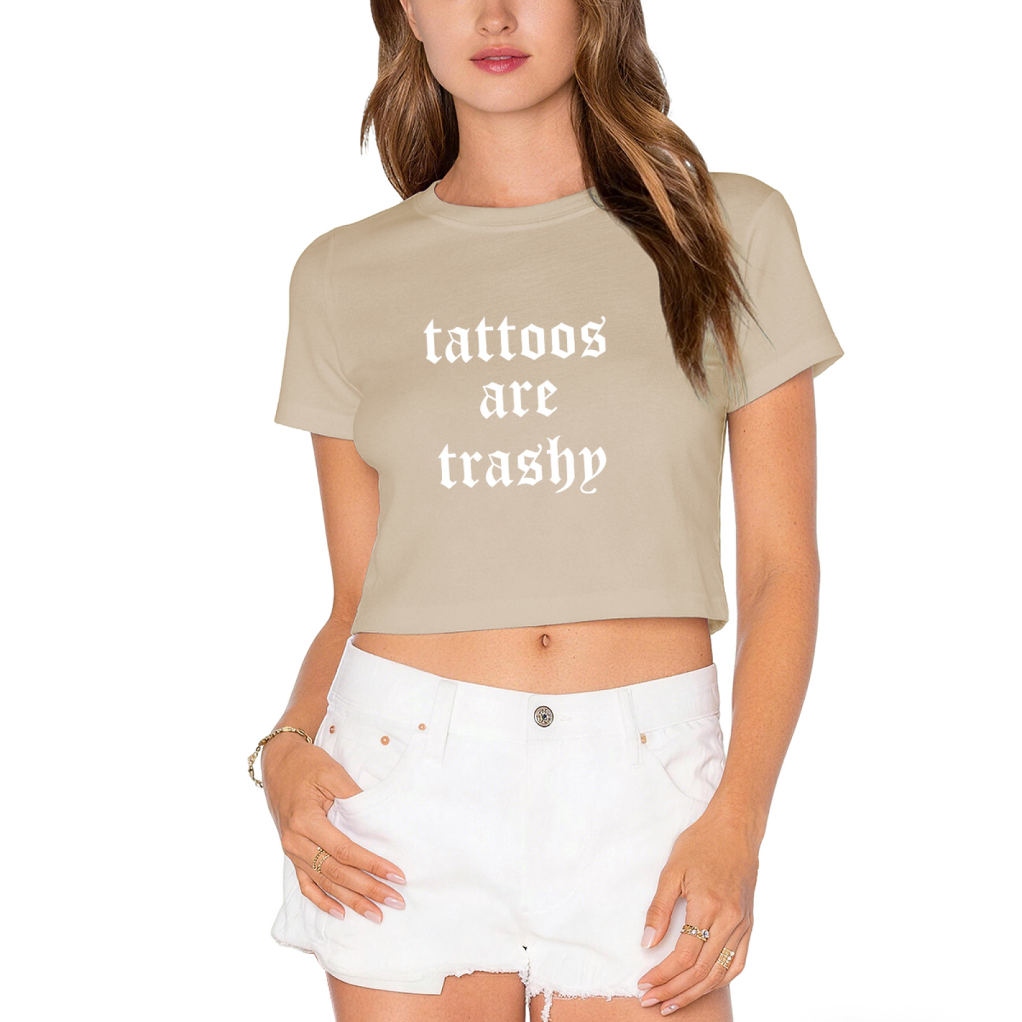 Tattoos Are Trashy Gothic Font Red Crop Top ¨C Edgy Controversial Slogan Shirt