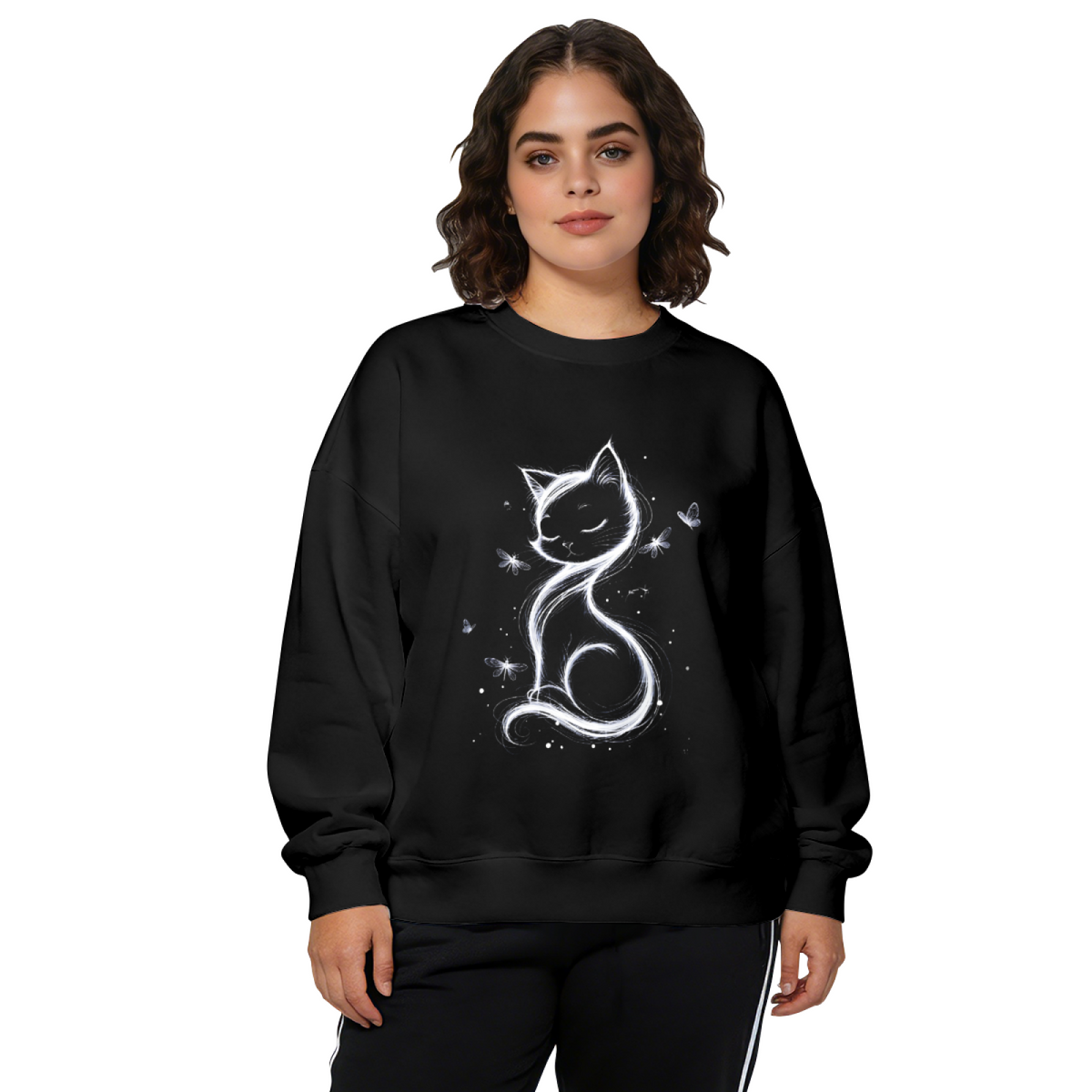 Elegant Sketch Style Sleepy Cat With Butterflies Crewneck Sweatshirt
