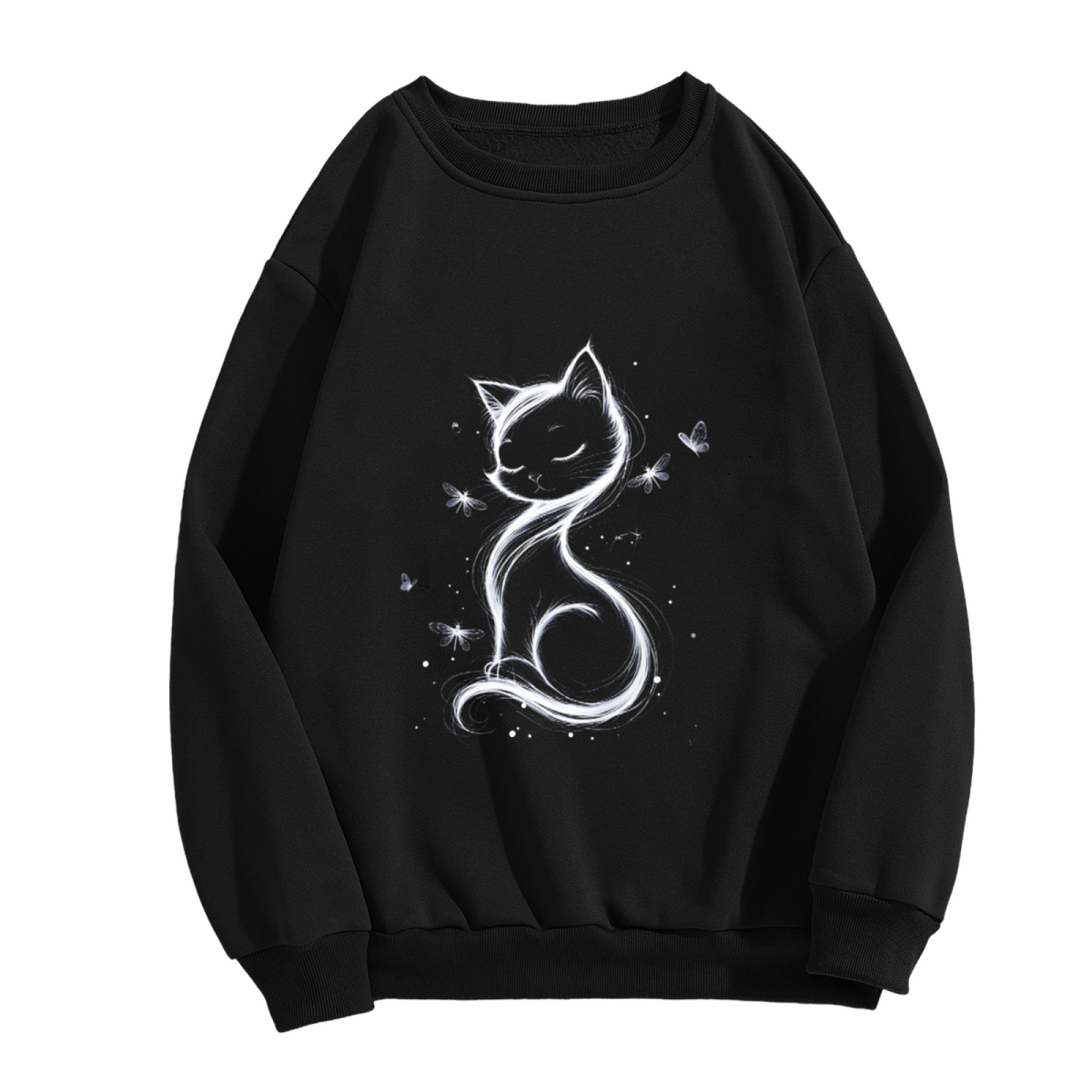 Elegant Sketch Style Sleepy Cat With Butterflies Crewneck Sweatshirt