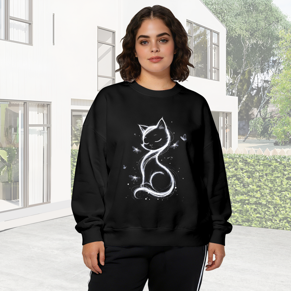 Elegant Sketch Style Sleepy Cat With Butterflies Crewneck Sweatshirt