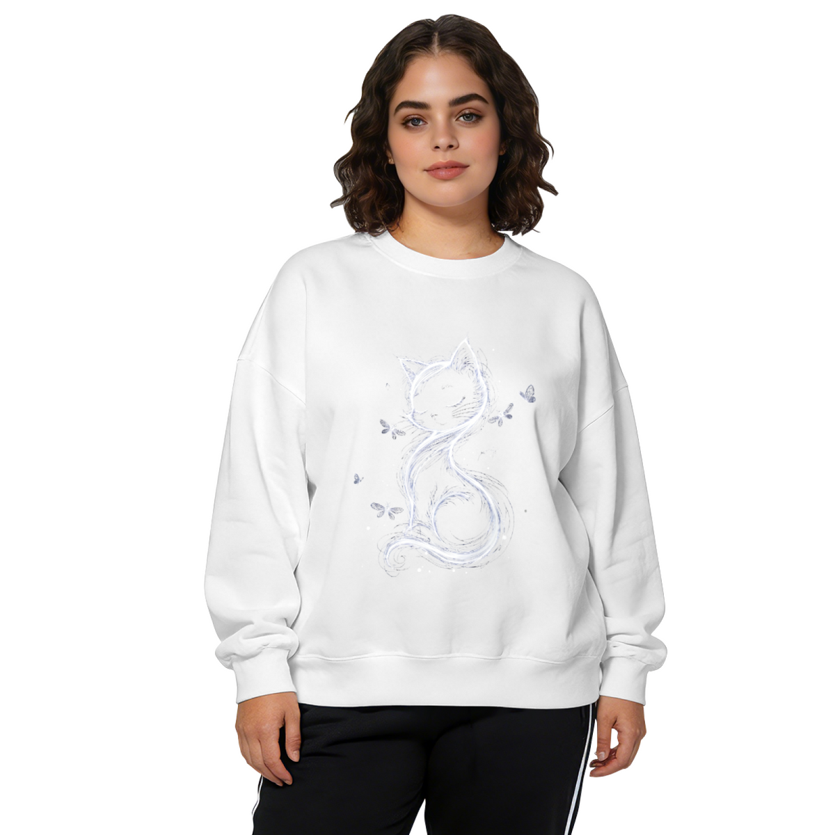 Elegant Sketch Style Sleepy Cat With Butterflies Crewneck Sweatshirt