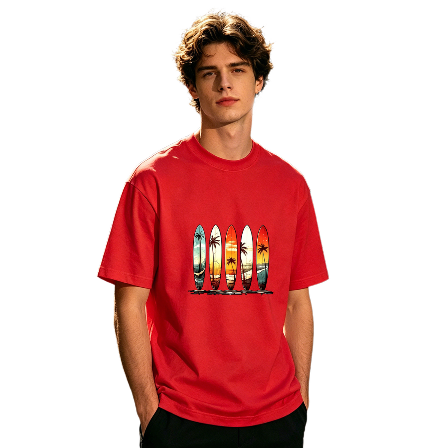 Men's Retro Sunset Surfboard Palm Tree Vintage Surf Graphic Tee