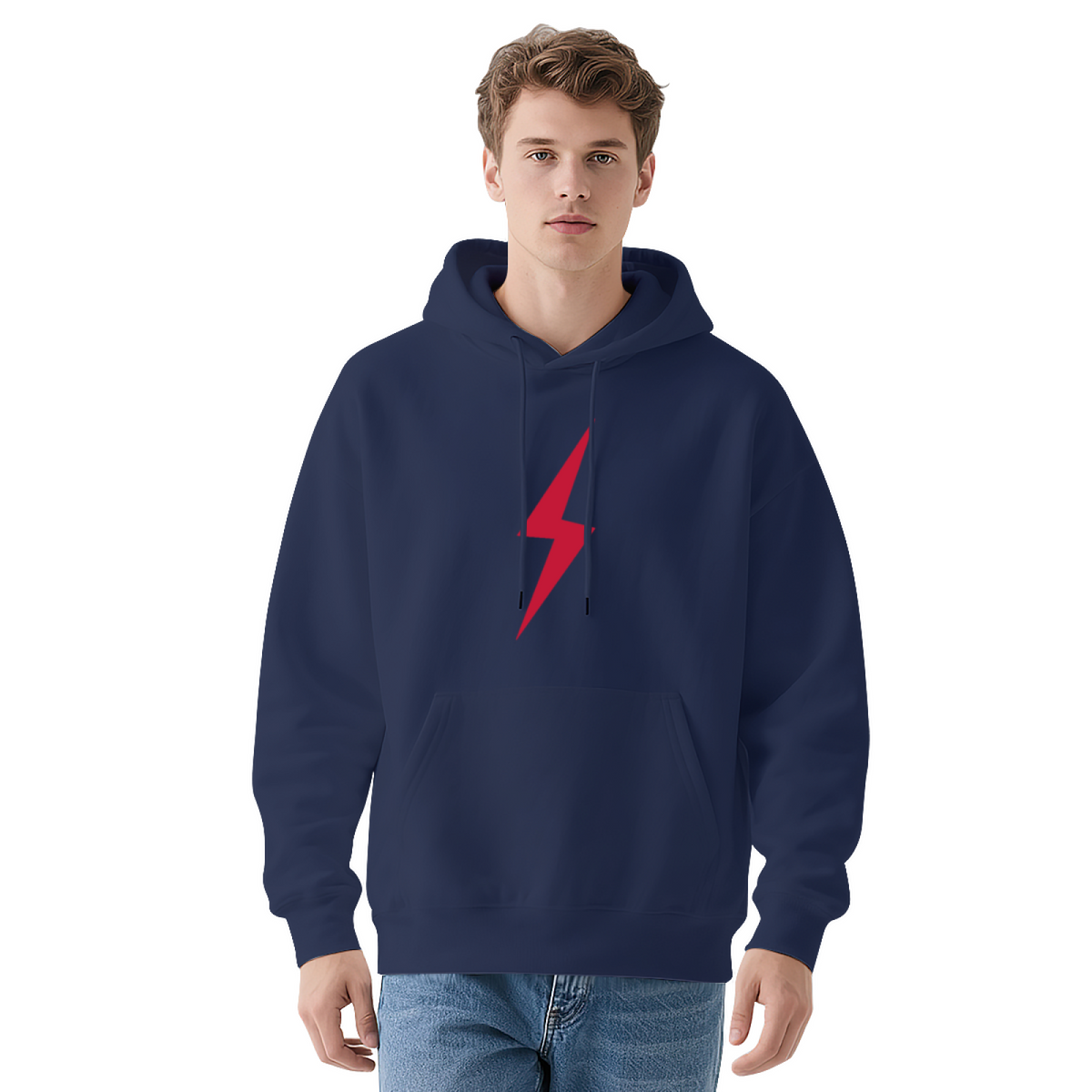 Minimal Red Lightning Logo Navy Hoodie, Simple Stylish Comfort Daily Hoodie For Men