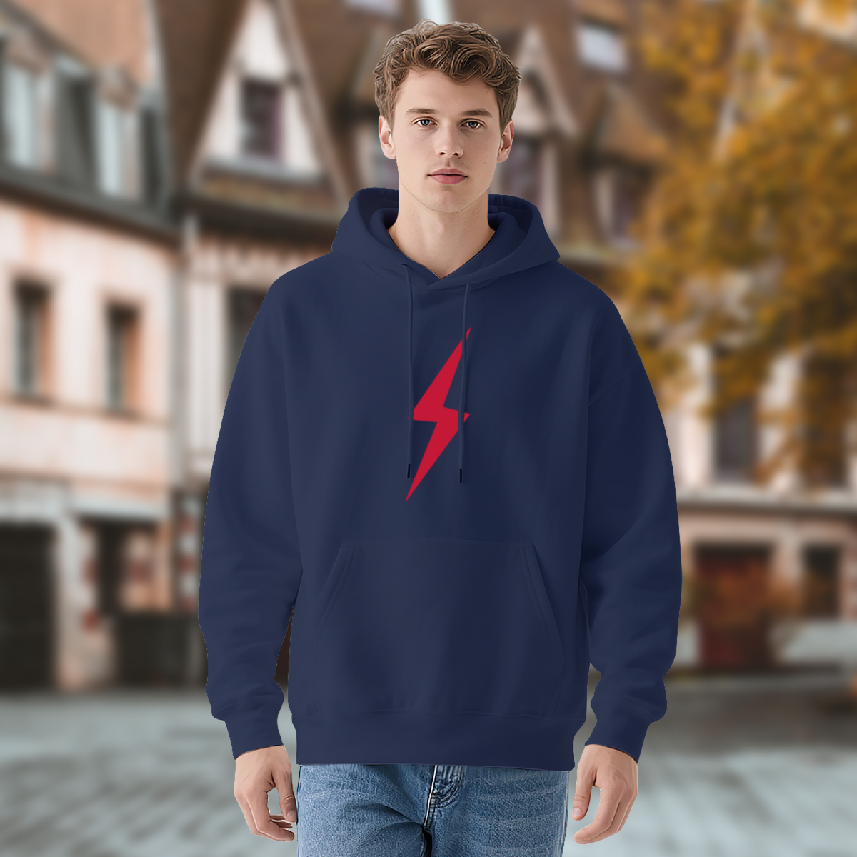 Minimal Red Lightning Logo Navy Hoodie, Simple Stylish Comfort Daily Hoodie For Men