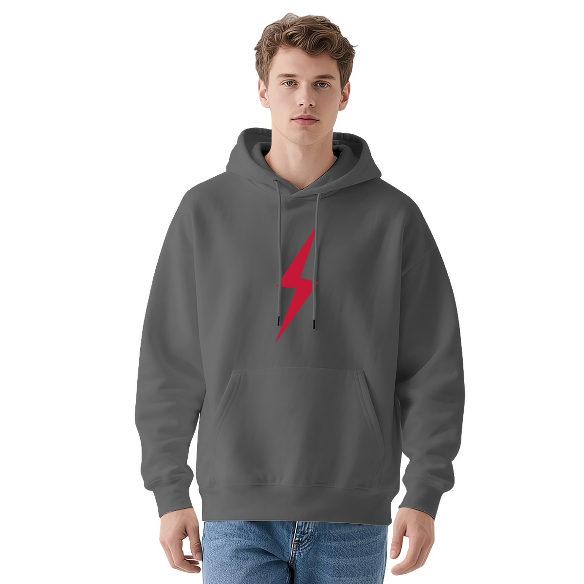 Minimal Red Lightning Logo Navy Hoodie, Simple Stylish Comfort Daily Hoodie For Men