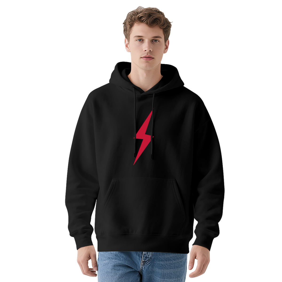 Minimal Red Lightning Logo Navy Hoodie, Simple Stylish Comfort Daily Hoodie For Men