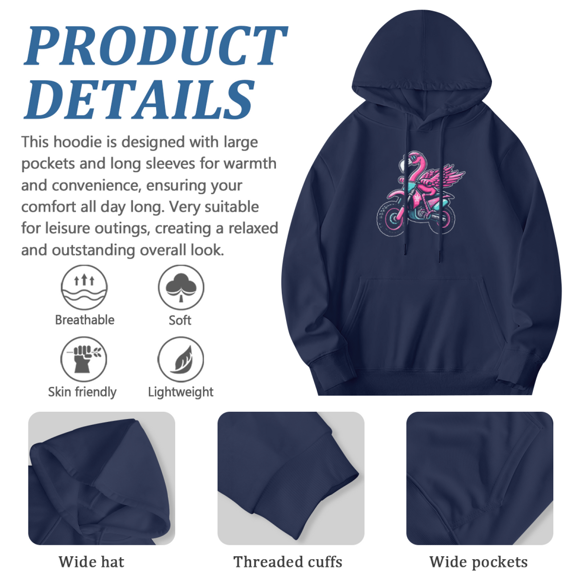 Cool Flamingo Riding Motorcycle Vibrant Graphic Soft Hoodie, Trendy Casual