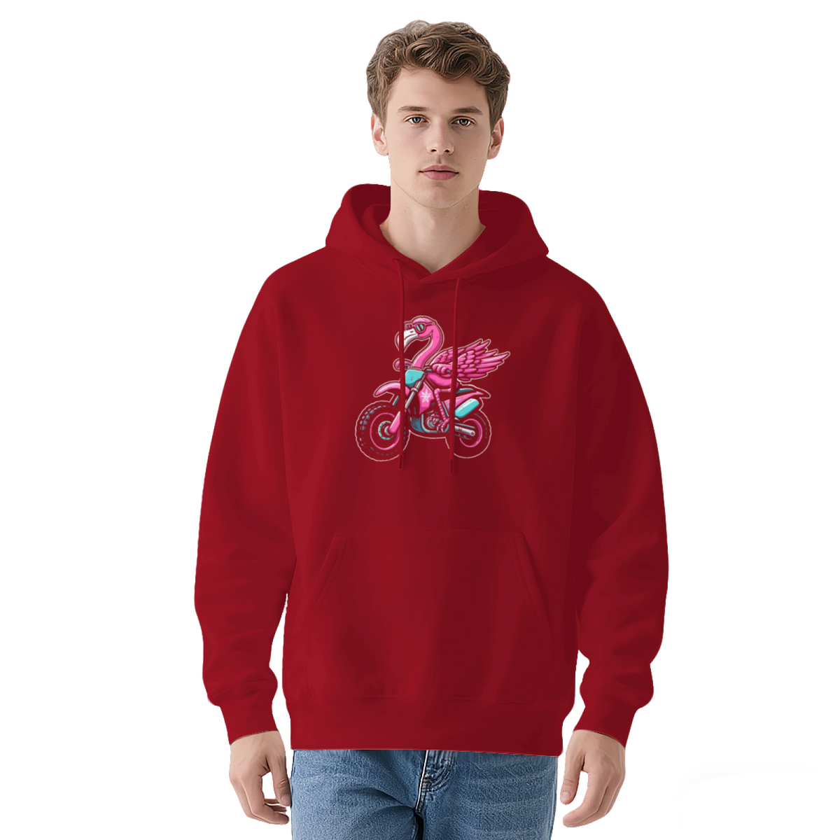 Cool Flamingo Riding Motorcycle Vibrant Graphic Soft Hoodie, Trendy Casual
