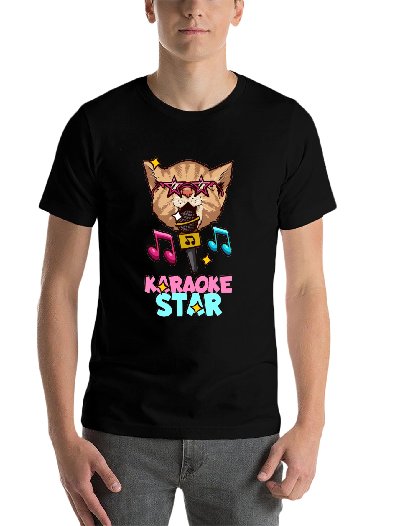 Karaoke Star Cat Graphic Tee - Black