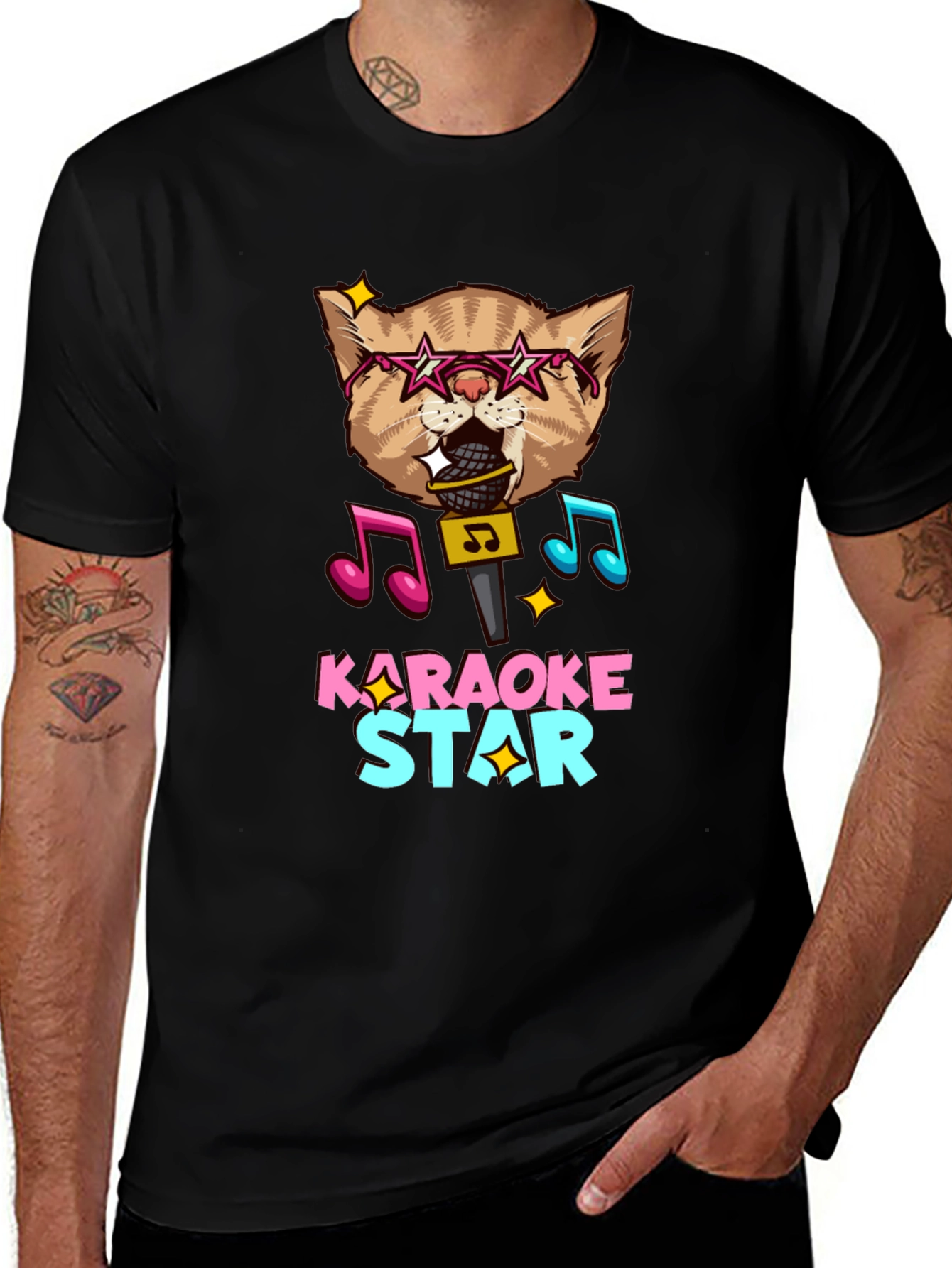Karaoke Star Cat Graphic Tee - Black