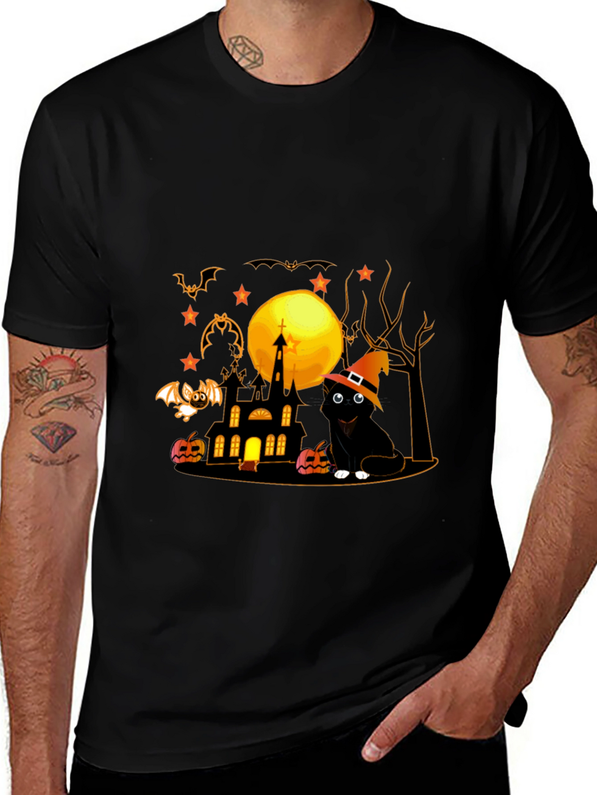 Halloween Cat & Haunted House Graphic Tee