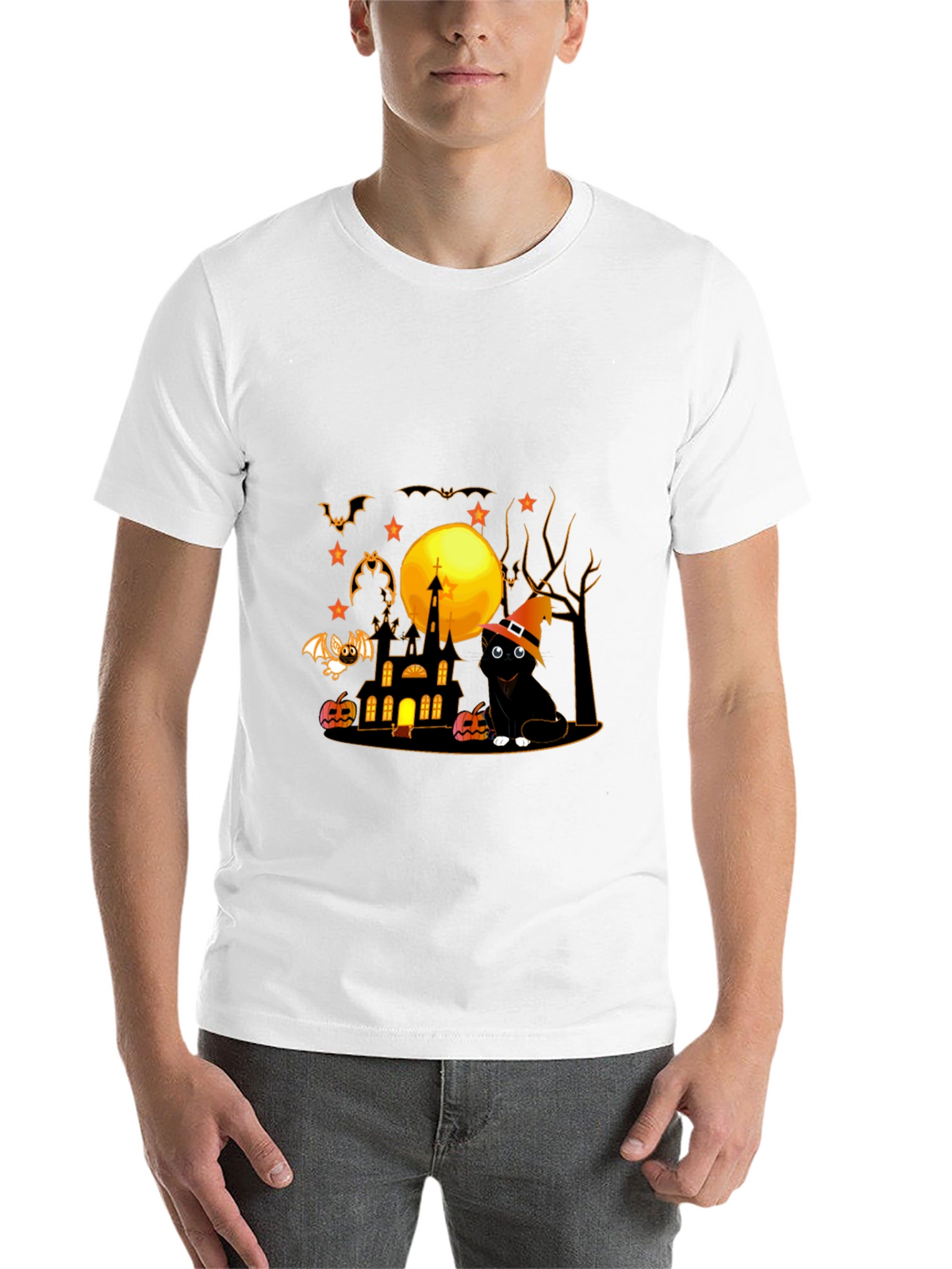 Halloween Cat & Haunted House Graphic Tee