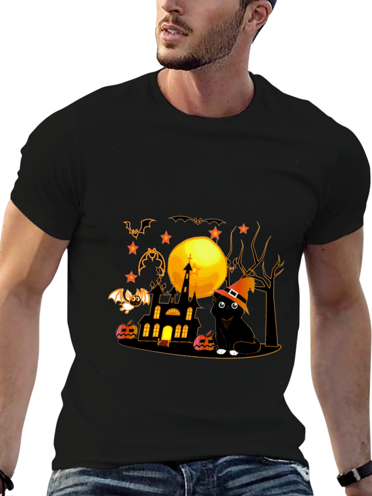 Halloween Cat & Haunted House Graphic Tee